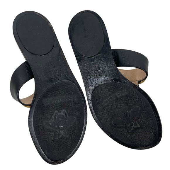 Gucci Black Leather Thong Sandals Gold Double G Logo Size 37 - Picture 10 of 13